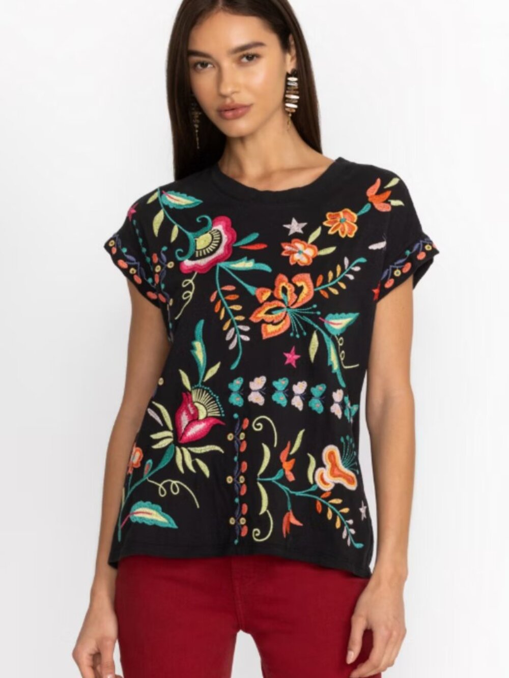 NWOT JOHNNY WAS Avery Relaxed Tee Embroidered Floral Butterfly Black Boho M